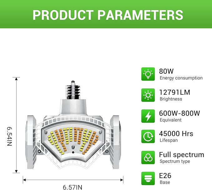 RDJ Bouns 80W Grow Light Bulb, E26 Base Foldable Sunlike Full Spectrum, 12791 Lumen High PPFD, UFO Grow Lights Waterproof, Ideal for Greenhouse, Grow Tent, Hydroponics, Indoor Garden