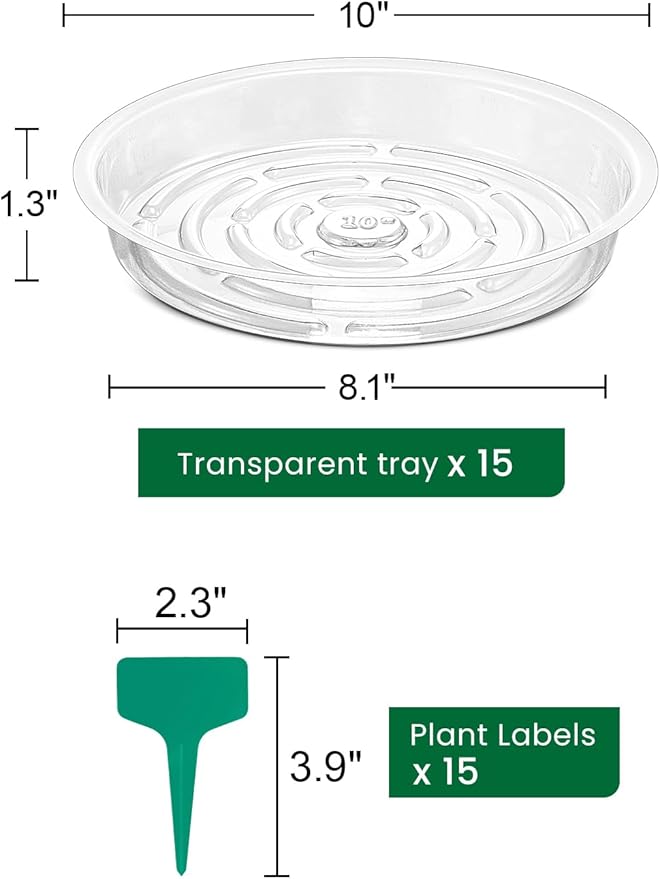 GROWNEER 15 Packs 10 Inches Clear Plant Saucers Flower Pot Trays, with 15 Pcs Plant Labels, Plastic Plant Saucer Drip Trays for Indoor Outdoor Plants Garden