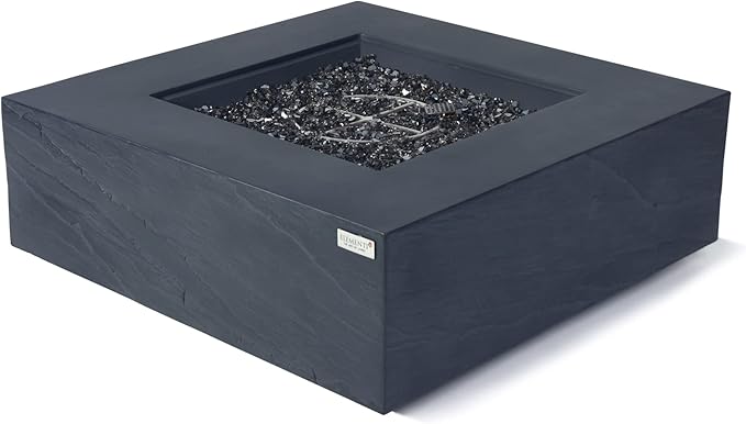 Elementi+ | Roraima Gas Fire Pit Cast Concrete 40" Square Fire Table, Outdoor Fire Pit Electronic Ignition | Canvas Cover, Fire Glass and Burner Lid Included | Dark Gray | Natural Gas