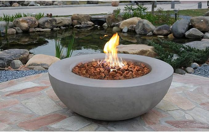 Elementi | Lunar Gas Fire Pit Cast Concrete 42" Round Fire Table, Outdoor Fire Pit Electronic Ignition | Canvas Cover, Lava Rock Included | Light Gray (Propane Gas)