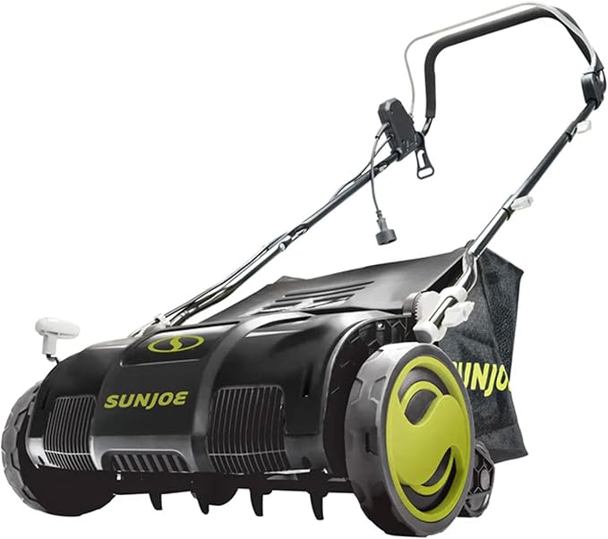 Sun Joe Electric Lawn Dethatcher & Scarifier with 13.2-Gal Bag, 13 Amp, 15 Inch, Black/Green - Heavy Duty Gardening Machine and Equipment for Lawn, Yard, and Grass, AJ805E