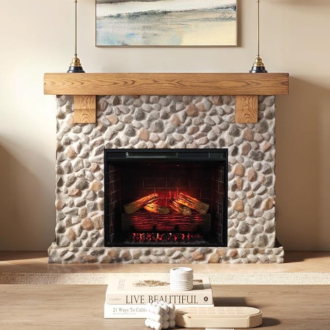 Country Living - Glenbrook Fireplace Mantel Package, 28β, Alexa/WiFi Enabled Fireplace Insert, Cast Stone River Rock Surround, 1500W