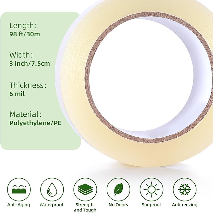 Ohuhu Greenhouse Repair Tape Plastic: 3" x 98' Green House Sheeting Tape 6.3 mil Reinforced Clear Plastic Film Tape for Greenhouse Polyethylene PE Cover Repair