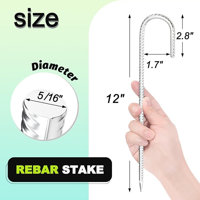 Kadrick Rebar Stakes 12 inch,J Hook Ground Stakes Anchors, 32-Pack White Galvanized Fence Stakes,Heavy Duty 5/16'' Diameter