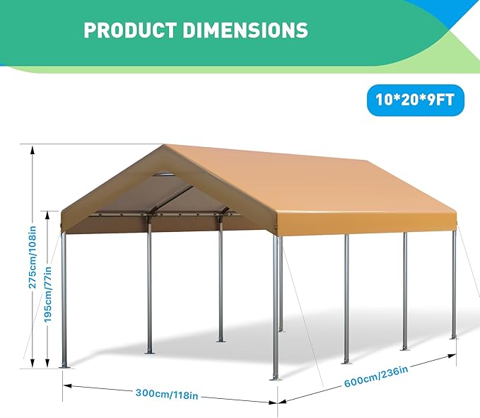 10x20 Ft Heavy Duty Carport, Portable Garage with Doors, Ventilated Windows, Waterproof and UV Resistant Carport Canopy for Cars, Boats, Suvs, Yellow