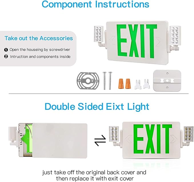 Spectsun 4 Packs Exit Signs with Emergency Lights,120-277VAC -LED Combo Emergency Light with Backup Battery-Double Face UL Listed Green Letter Exit Sign Lighting-Hard Wired-Fire Resistant