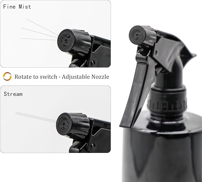 OFFIDIX 360° Water Spray Bottle 2 Pack 16 oz Continuous Plastic Empty Spray Bottles Mister for Hair,Cleaning,Plants,Upside Down,Fine Mist and Stream Setting,Black