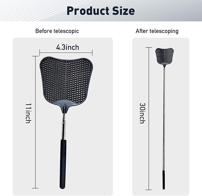 Fly Swatter, Flexible and Durable Telescopic Stainless Steel Retractable Handle ,Manual Fly swatters for Home,Garden,Classroom and Office (2Pcs Black& Blue)