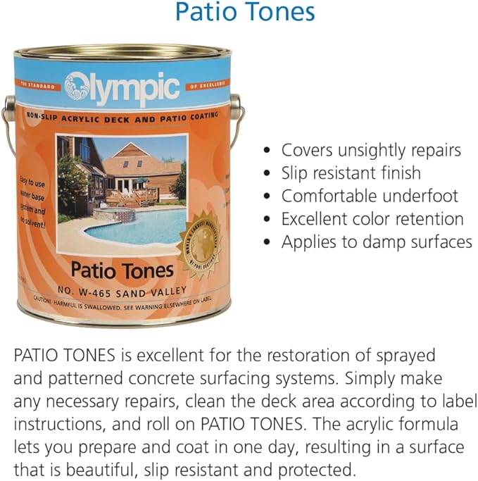 Olympic Patio Tones - Sand Valley - 1 Gallon - Non-slip acrylic deck and patio coating, concrete restorer.