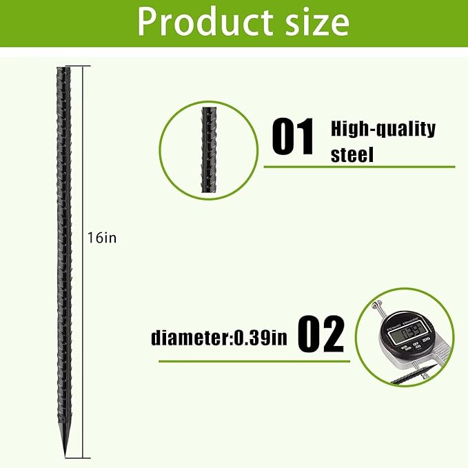 Straight-Rebar-Ground-Stakes 16Inch,Black Coated Straight Ground Anchors with Chisel Point End,Anti-Rust 50Pack Heavy Duty Steel Stakes for Landscape Timbers House Structure Plant Support in Garden