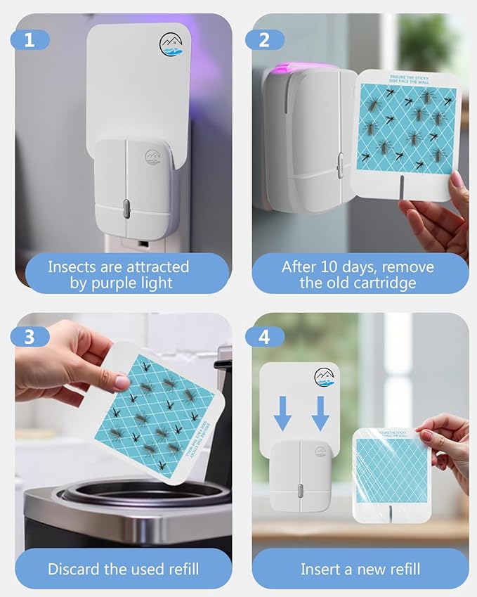 Flying Insect Trap, Plug-in Fruit Fly Trap, (1 Device +5 Glue Cards) Indoor Gnat Traps, 400 Sqft Protection Area, Suitable for Gnat, Moth, and Mosquito, and Can Used in Every Corner of Home