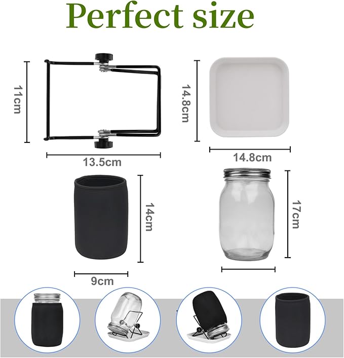 Lulonpon 4 Sprouting Jar Kit, Wide Mouth Quart Mason Jars with Stainless Steel Screen Sprout Lids, 86mm,1000ml,Stand,Tray and Canning Brush,Seed Sprouter Set for Growing Broccoli, Alfalfa