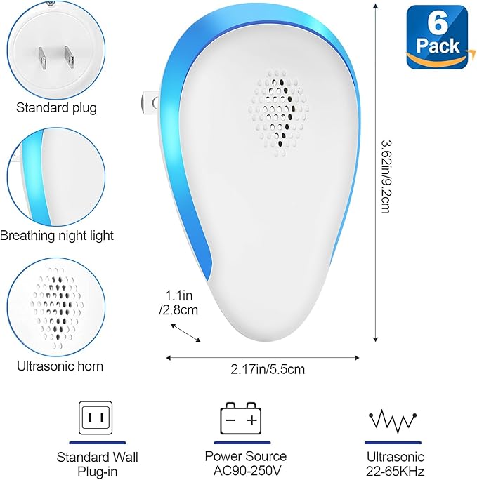 2025 Upgraded Rodent Repellent Indoor, 6 Pack Mouse Repeller Roach Traps Indoor for Home Mouse Repellent Ultrasonic Plug in Bat Deterrent Devices for Ants, Spiders, Squirrel Bats Safe for Humans