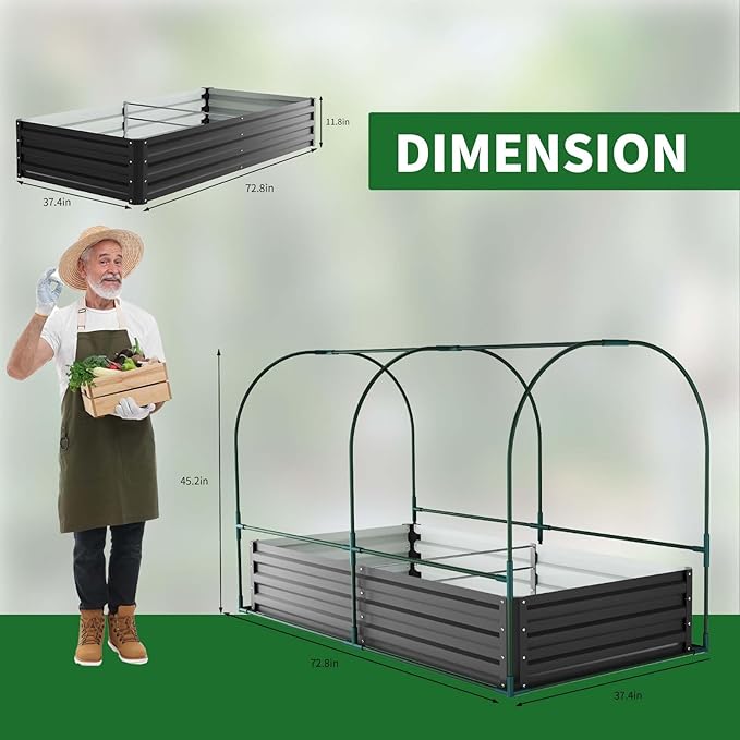 Galvanized Raised Garden Bed for Gardening Vegetables with Cover, 72.8"*37.4"*45" Outdoor Metal Planter Box Kit with Roll-Up Large Screen Windows Mini Greenhouse for Growing Vegetables Flower