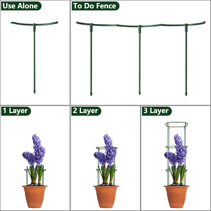12Packs Plant Support Stake Half Round Plant Support, Stackable 3 Tier Garden Flower Support, Plant Stakes for Indoor Outdoor Plants for Tomato,Monstera, Peony, Hydrangea, Climbing Plants