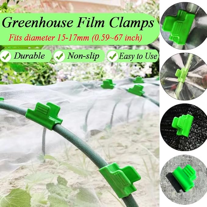 40pcs Greenhouse Netting Clamps, 16mm Garden Hoops Plant Clips, Outside Patio Film Row Cover Netting Tunnel Frame for Fixing PVC Tubes Shading Net Rod Shelters Clip, Plastic, Non-Slip, Green