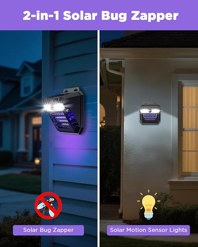 2-in-1 Solar Bug Zapper Outdoor Waterproof with Motion Sensor Light, Cordless Mosquito Zapper Outdoor with 3 Modes, Rechargeable Fly Trap Mosquito Killer Lamp for Patio (Black)