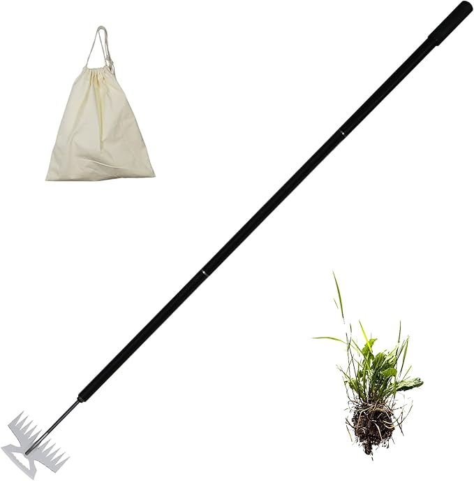2-in-1 Weed Puller Rake Hand Weeder Garden Tools,New 11 Teeth Uprooting Weeding Tool with Adjustable Long Handle,Manganese Steel Weed Remover Tool for Garden,Lawn Weeding and Loosening Soil(Black)