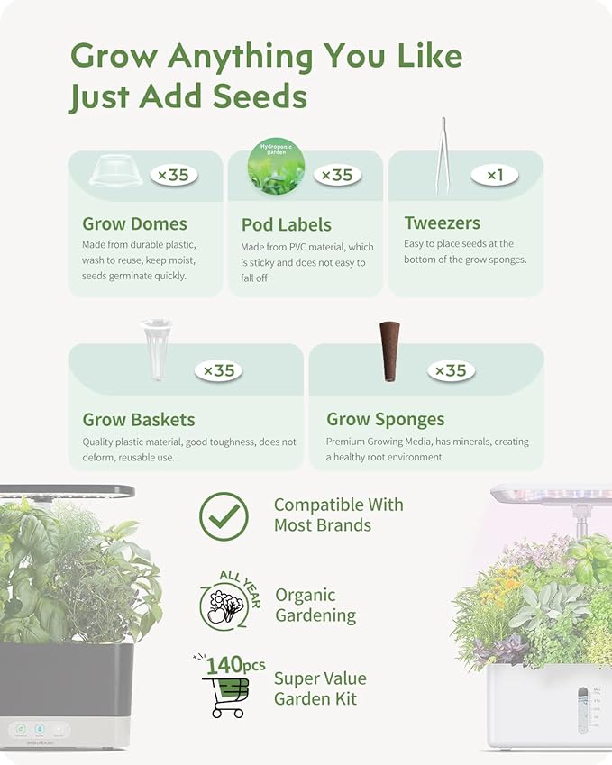 140Pcs Hydroponic Pods Supplies: Compatible with AeroGarden Grow Anything Herb Kits - Includes Grow Sponges Grow Baskets Grow Domes Labels - Hydroponics Supplies for Most Brand