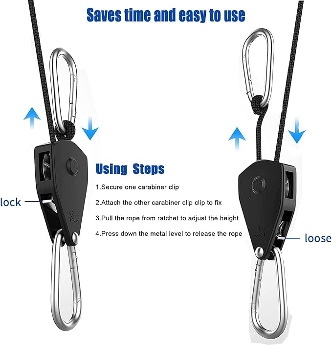 Grow Light Rope Hanger 50Pairs,1/8" 8-Feet Long Heavy Duty Adjustable Rope Clip Hanger, Adjustable Rope Ratchet Hangers 150 Lbs per Pair Used with Grow Light, Grow Bags