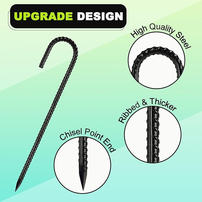 Kadrick 32-Pack Rebar Stakes 12 inch,J Hook Ground Stakes Anchors, Black Galvanized Fence Stakes,Heavy Duty 5/16'' Diameter