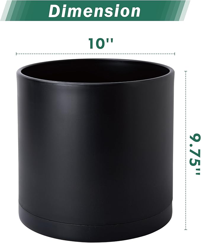 D'vine Dev 2 Pack 10 Inch Modern Plastic Plant Pots, Cylindrical Garden Planters for Plants with Drainage Holes and Saucers, Black, 74-Y-N-1