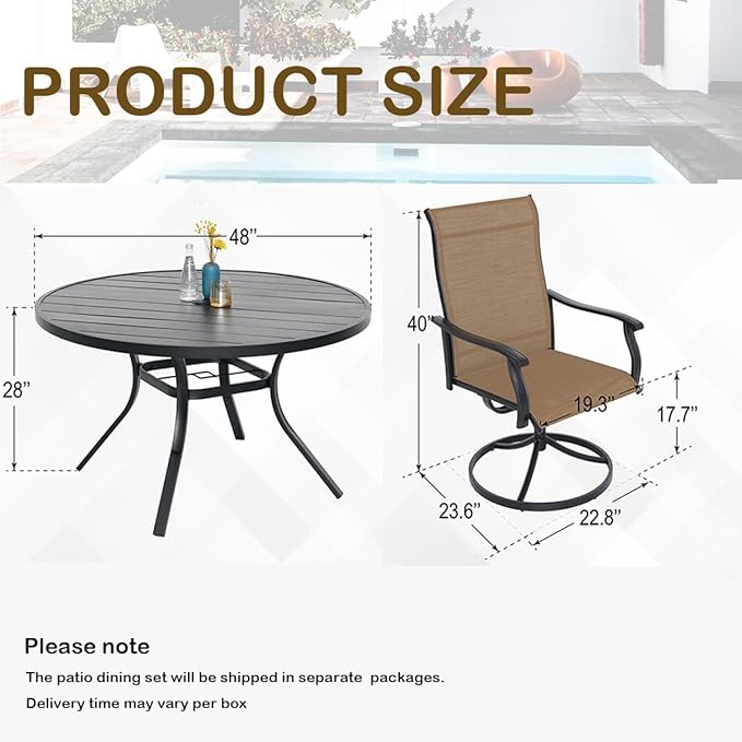 5-Piece Outdoor Dining Set, 48'' Round Table with 4 Swivel Chairs All Weather Furniture Set - Brown Style1