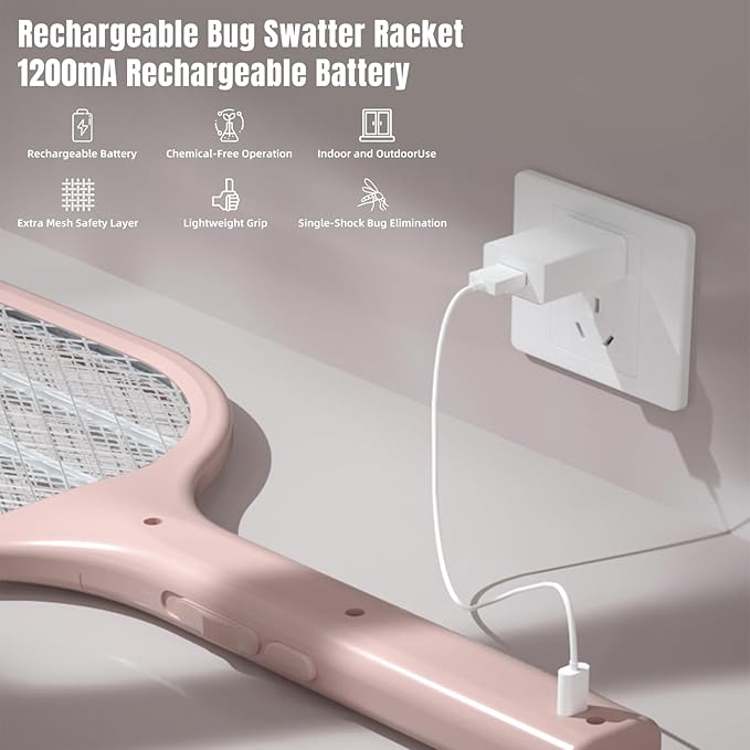 Electric Fly Swatter Racket 3000V Bug Zappers, Mosquito Zappers USB Rechargeable, 1200mAh Mosquitoes Killer Lamp & Fly Zappers with 3 Layer Safety Mesh for Home, Bedroom, Kitchen, Patio (2Pack-Pink)