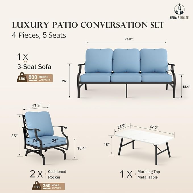 HERA'S HOUSE 4 Piece Patio Furniture Set, 2 x Rocking Metal Frame Cushioned Chair, 3-Seat Sofa with Marbling Coffee Table, All Weather Outdoor Conversation Set for Lawn Garden Backyard, Blue