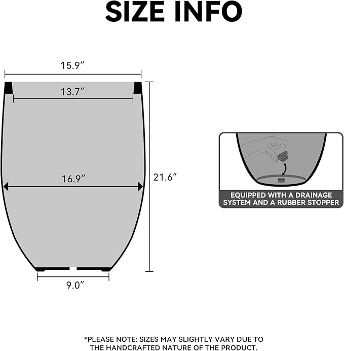 Kante Round Fluted Concrete Planter, 16.9-Inch Dia Barrel-Style Pot with Drainage Hole, Black Finish with Warm Brown Interior, 13.7" Opening, for Indoor and Outdoor Use