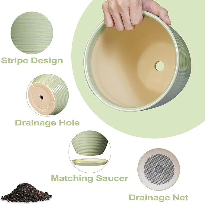 Ceramic Planter - 10 Inch Plant Pot for Indoor Outdoor with Drainage Hole and Plant Tray, Modern Round Home Office Patio Room Decor, House Warming Gifts, Green