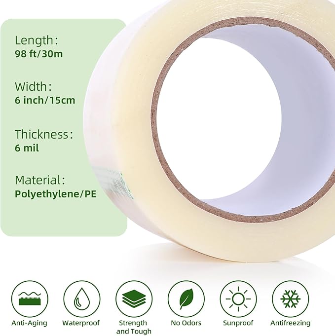 Ohuhu Greenhouse Repair Tape 6" x 98' - 6.3 mil Reinforced Clear Plastic Film for Green House Sheeting, Polyethylene PE Cover Repair