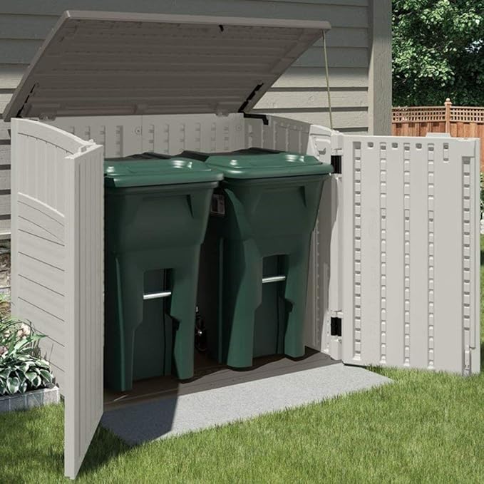 Suncast 4 Pack 34 Cu Ft Capacity Horizontal Outdoor Storage Shed for Garbage Cans, Garden Accessories, Backyard, and Patio Use, Vanilla