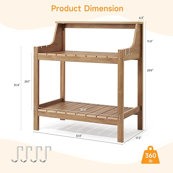 Potting Bench Table, HDPS Potting Bench with 4 Side Hooks, All-Weather Garden Table Work Station, Outdoor Potting Table for Porch, No Rust, No Fade, No Break, 360lbs Capacity (Teak, Large)