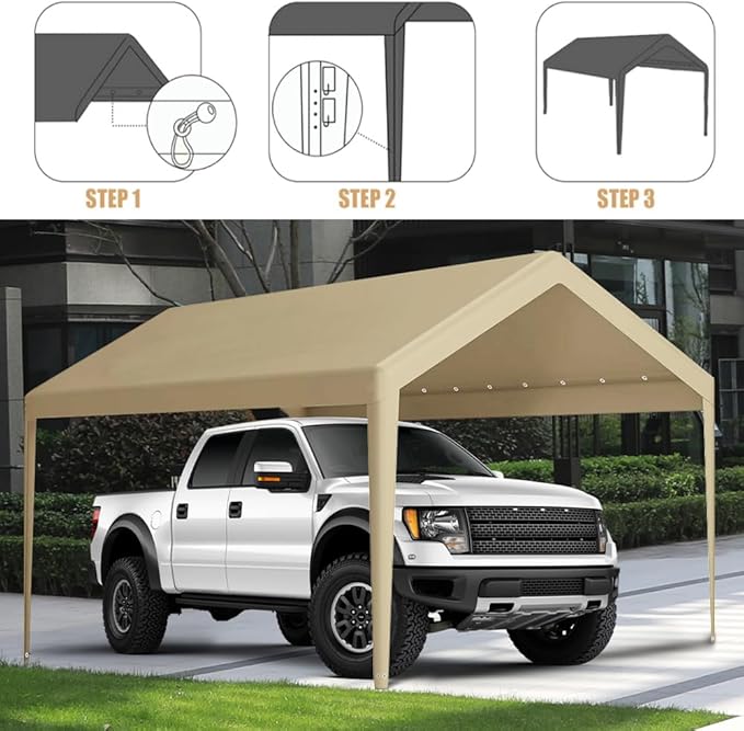 Carport Replacement Canopy, Replacement Top Cover for 10' x 20' Carport Frame, 180G PE Fabric Waterproof & UV Protected Tarp with Ball Bungees, Beige (Only Top Cover, Frame is not Included)