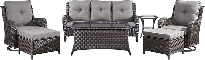 Wicker Rattan Patio Furniture Set - 7 Pieces Outdoor Couch with Swivel Chairs, Ottomans and Coffee Table for Deck, Poolside, Backyard - Brown/Grey