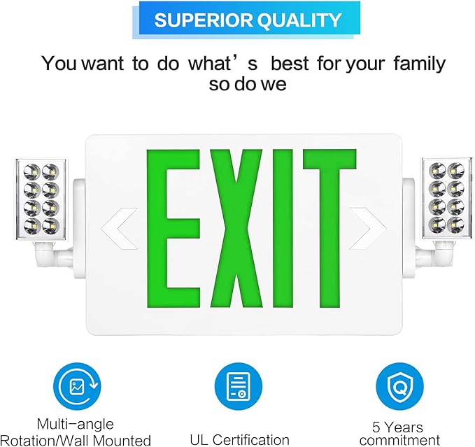 Spectsun 4 Packs Exit Signs with Emergency Lights,120-277VAC -LED Combo Emergency Light with Backup Battery-Double Face UL Listed Green Letter Exit Sign Lighting-Hard Wired-Fire Resistant
