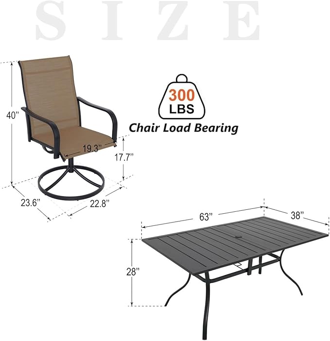 7-Piece Outdoor Dining Set, 6 Swivel Chairs&63.5‘’ Rectangular Table All Weather Frame Furniture Set - Brown Style2