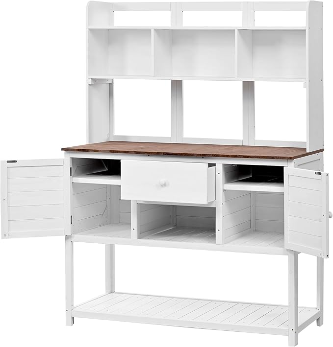 Outdoor Wooden Potting Bench Table β Farmhouse Garden Workstation with Drawers, Cabinet & Storage Shelves, Large Fir Wood Work Table for Patio, Backyard, Mudroom, Greenhouse (White & Brown, 66'' H)