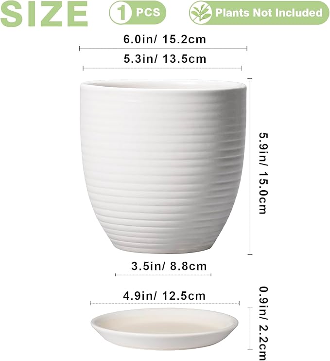 Ceramic Pots for Plants - 6 Inch Plant Pot with Drainage Hole and Saucer, Round Planters for Indoor Outdoor, Flower Pots, Modern Planter, Home Office Room Decor, Gifts for Plant Lovers, White