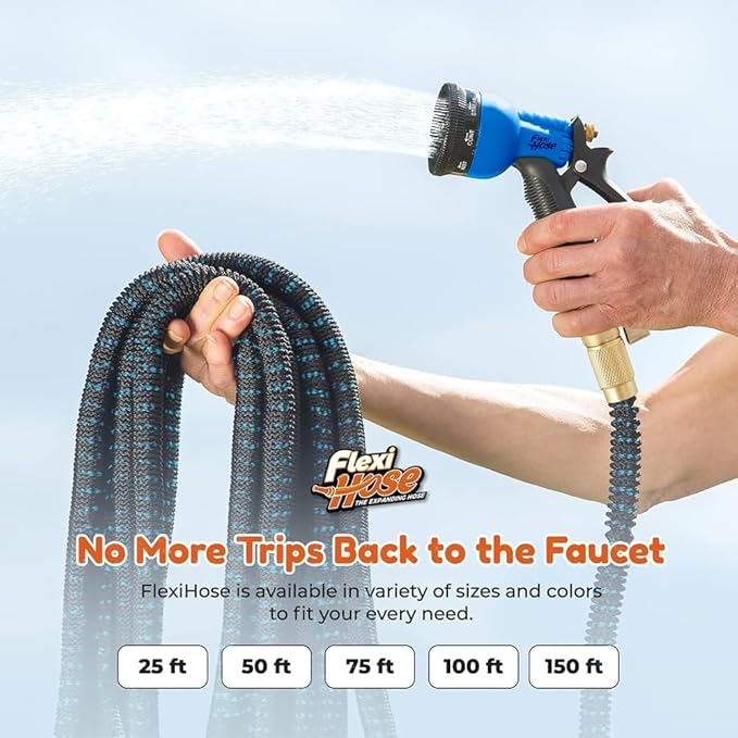 Flexi Hose with 8 Function Nozzle, 75FT - Lightweight Expandable Garden Hose, No-Kink Flexibility, 3/4 Inch Solid Brass Fittings and Double Latex Core