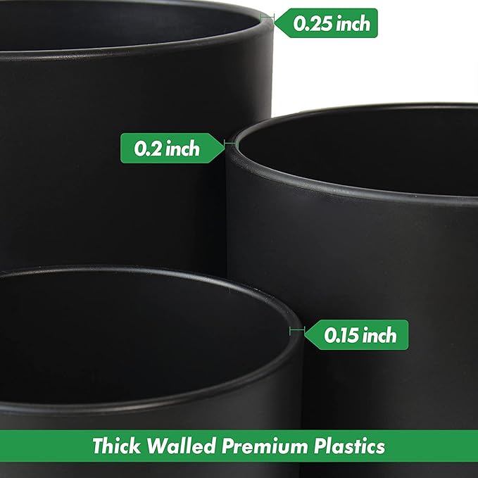 D'vine Dev 6 Inch 6.5 Inch 8 Inch, Set of 3 Plastic Planter Pots for Plants with Drainage Hole and Seamless Saucers, Black Color, Medium, 74-V-B-3