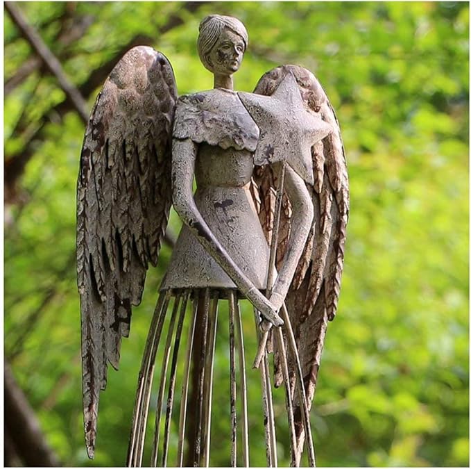 Linfevisi Garden Angel Statue Decor Rustic Metal Angel Sculpture Yard Art Heavenly Home Decor Antiqued Accent Housewarming Garden Gift 26 Inch Tall (Star)
