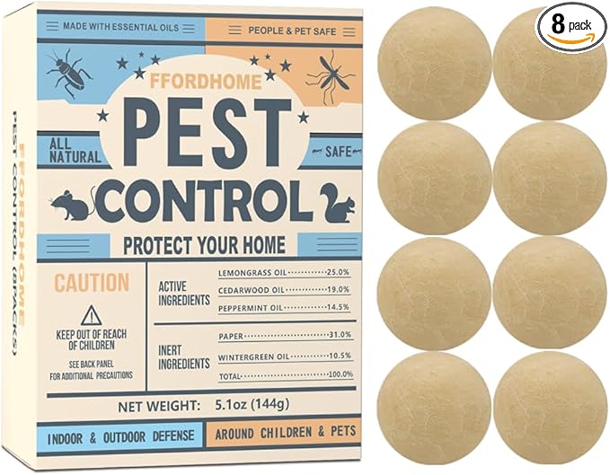 Pest Control Balls - Peppermint Pest Repellent for Mouse, Mice, Rats, Ants, Roaches, Moths & More - Strong Repel Indoor & Outdoor Mouse & Mosquito Deterrent - 8 Balls