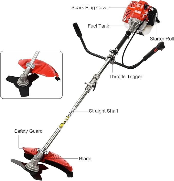 52CC Gas Power String Trimmer Cordless, 2 in 1 Multifunction Petrol Hedge Trimmer, Gas Lawn Mower Brush Cutter, 2-Stroke Weed Wacker, for Lawn, Garden, etc (2 in 1 red)