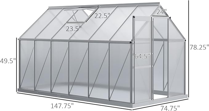 Outsunny 6' x 12' x 6.5' Polycarbonate Greenhouse with Adjustable Roof Vent, Walk-in Heavy Duty Green House Kit with Aluminum Frame, Sliding Door and Rain Gutter for Winter, Silver