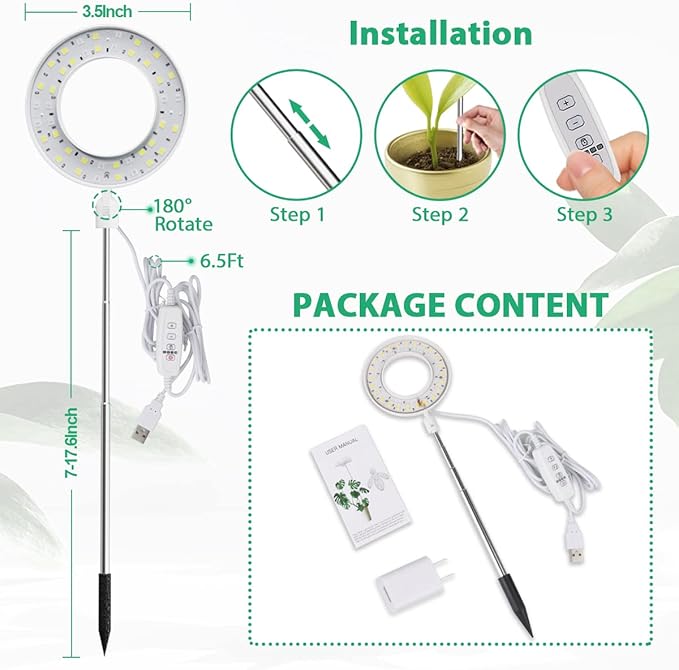 GYTF Halo Plant Grow Light, 6000K White LED Full Spectrum Growing Lamp for Indoor Plants, Succulents, Mini Bonsai, Small Plants, Height Adjustable, Dimmable & Timer 4/8/12/18Hrs