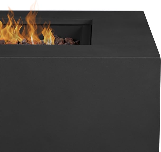 Real Flame Aegean 50in Rectangle Propane or Natural Gas Fire Pit Table, 50,000 BTU, Powder-Coated Steel, Push-Button Ignition, CSA Certified, Lava Rock, Storage Cover, Stainless Steel Burner with Lid