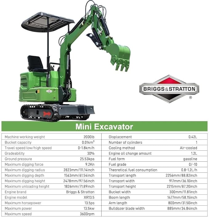 Mini Excavator for 1 Ton B&S Engine with Hydraulic Thumb Clamp,Standard Bucket, 200mm Bucket,Ripper, Mud Bucket, Rake, Auger,Grapple, Quick Change Attachments (G 7 attachments-2)