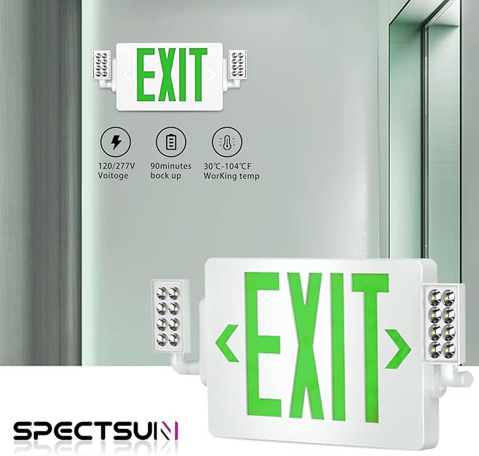 Spectsun 4 Packs Exit Signs with Emergency Lights,120-277VAC -LED Combo Emergency Light with Backup Battery-Double Face UL Listed Green Letter Exit Sign Lighting-Hard Wired-Fire Resistant